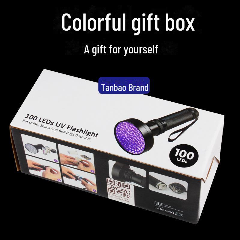 Tanbao 100 LED UV Flashlight - Purple Light for UV Detection, Anti-Counterfeit, Scorpion Finding, and Disinfection.