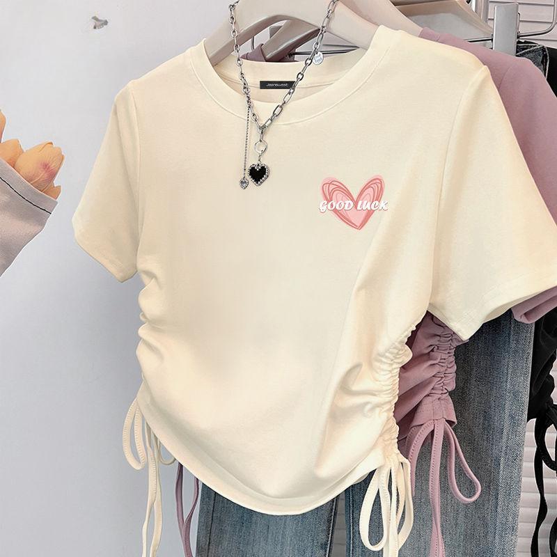Retro Drawstring Crop Top Women Short Sleeve T Shirt Vintage Summer Clothes