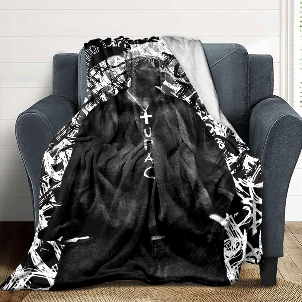 1pc 2PacHip Hop Blanket Soft Lightweight All Season Multi Purpose Throw for Sofa, Bed, Office & Picnics, French Style with Iconic Album Art & Quotes