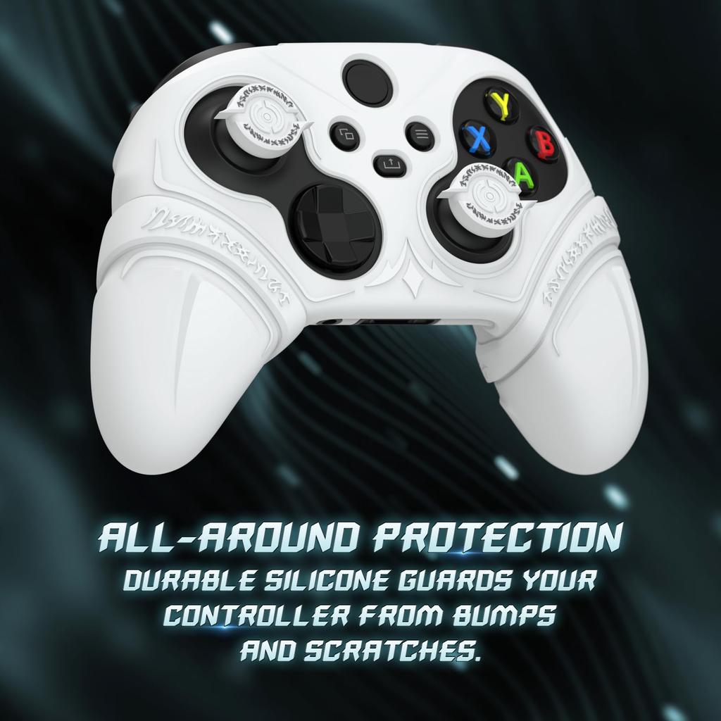 PlayVital Silicone Controller Cover for Xbox Series with Thumb Caps and Stickers Grip Shock Absorbing Runes Edition X/S – Non-Slip Skin, – (White)