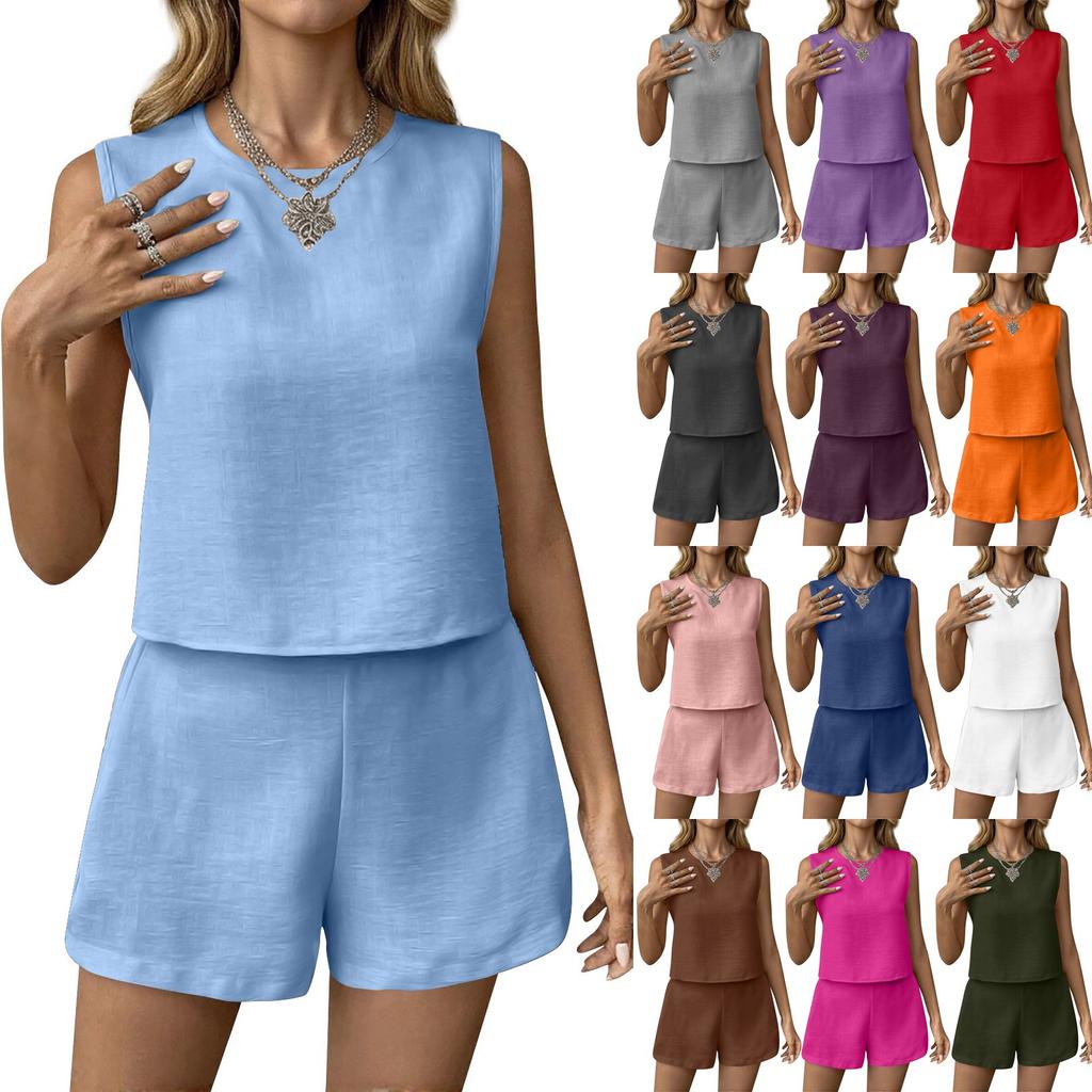 Women's Summer Solid Colour Vest Sleeveless Top Shorts Set