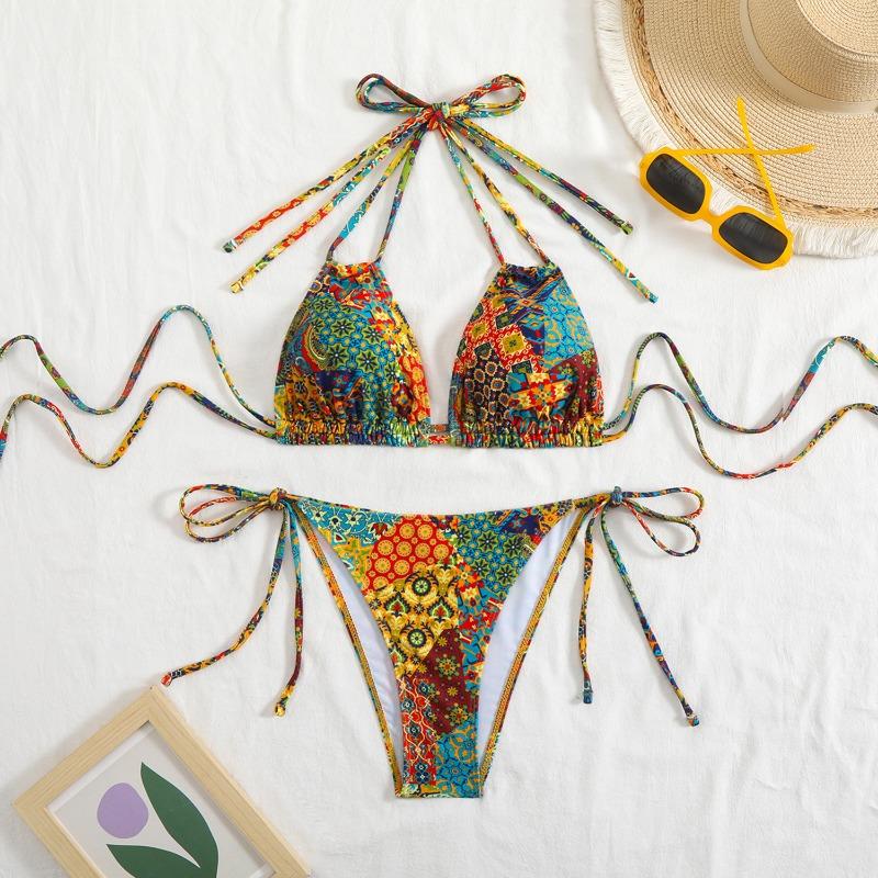 

New European and American Split Swimsuit Women s Print Sexy Double Lace-up Halter Bikini Swimsuit Bikini XL