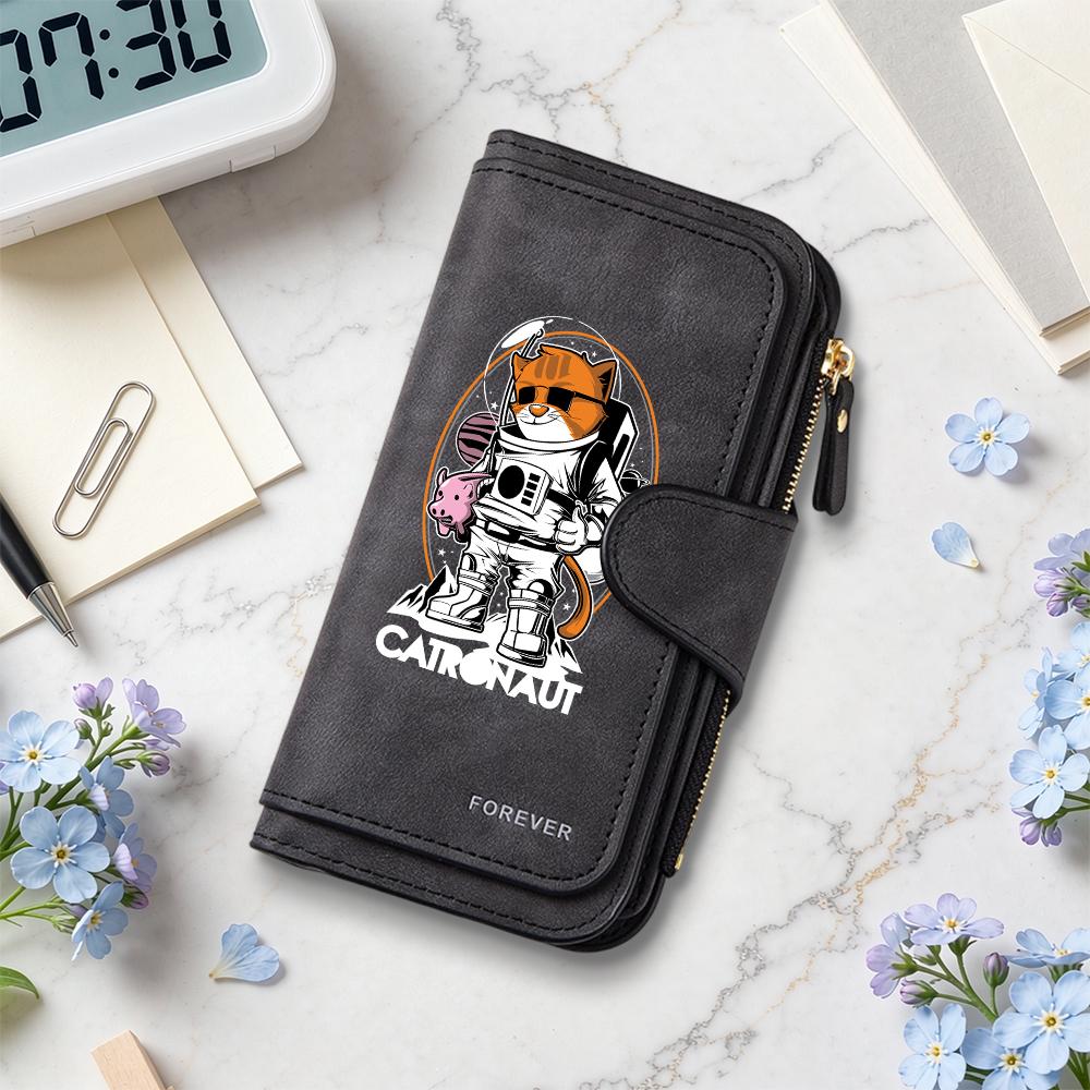 Cartoon Cat Astronaut Pattern Wallet Fashion Casual Multi Slot Card Holder Portable Durable Women Long Purse