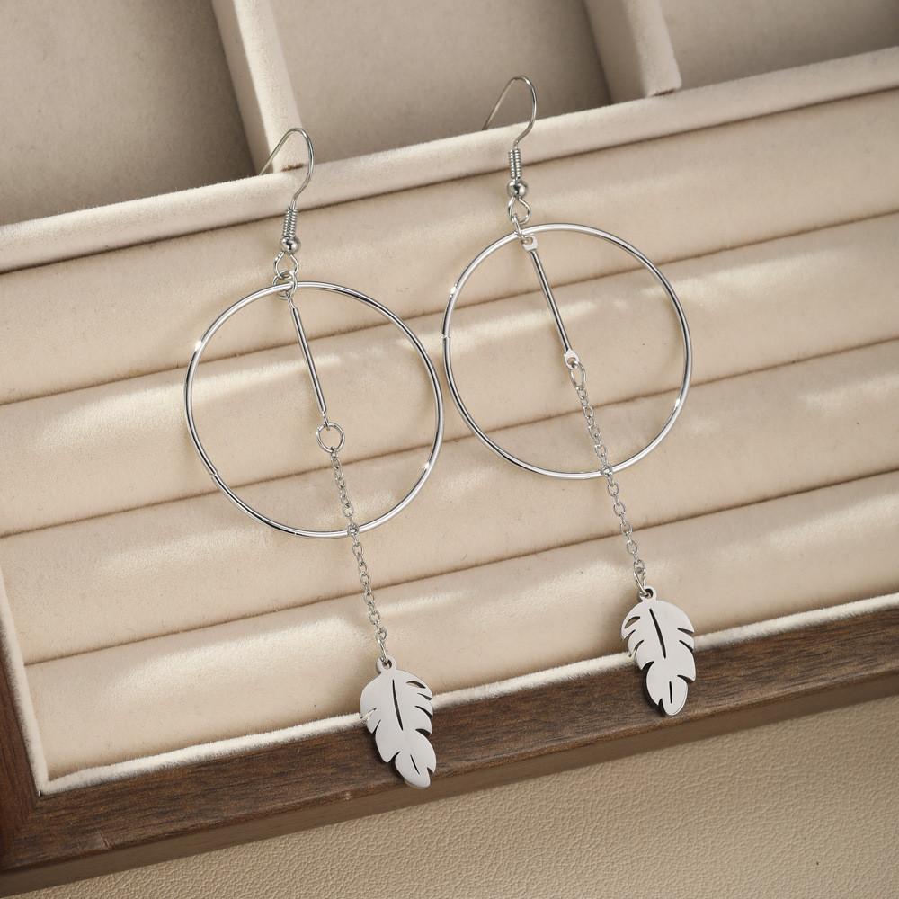 Large Geometric Stainless Steel Tassel Earrings With Feather Leaf Pendant Retro Style