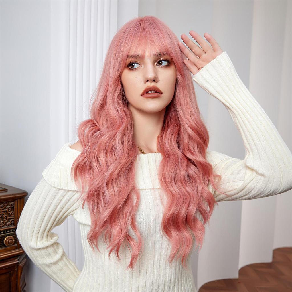 ALAN EATON Růžová syntetická paruka Dlouhé vlnité paruky s ofinou Lolita Cosplay paruky pro ženy Vlákno odolné vůči teplu Paruky z přírodních vlasů