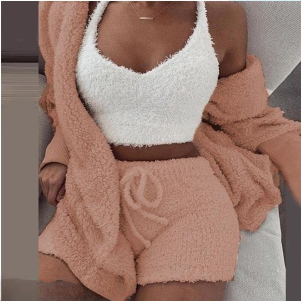 Women's Loose Fit Three Piece Loungewear Long Sleeve Fuzzy Cardigan V Neck Tank Drawstring Waist Shorts Winter Solid Tracksuit
