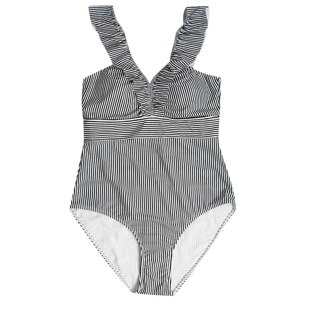 Women's One Piece Swimsuit Ruffled Striped Print Sleeveless Design Slim Fit Beachwear Swimwear for Summer Poolside