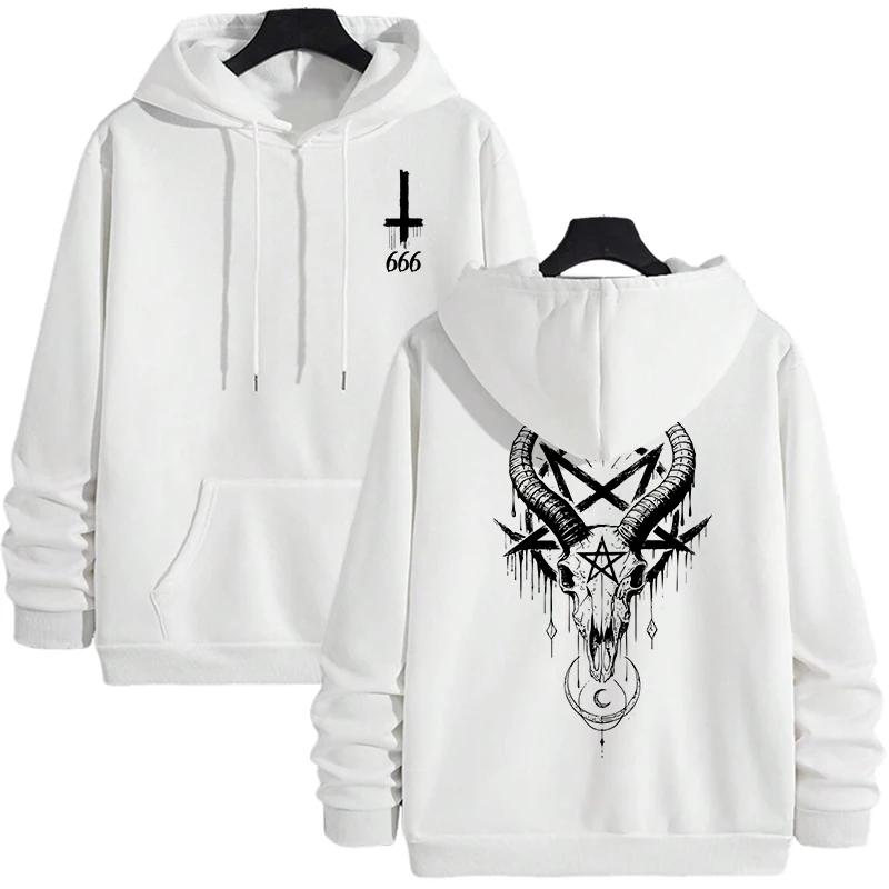 Men's Gothic Hoodies Demonic Horror Face Print Sweatshirt Streetwear Autumn Winter Male Top Casual Pullover 666 & Inverted Cross