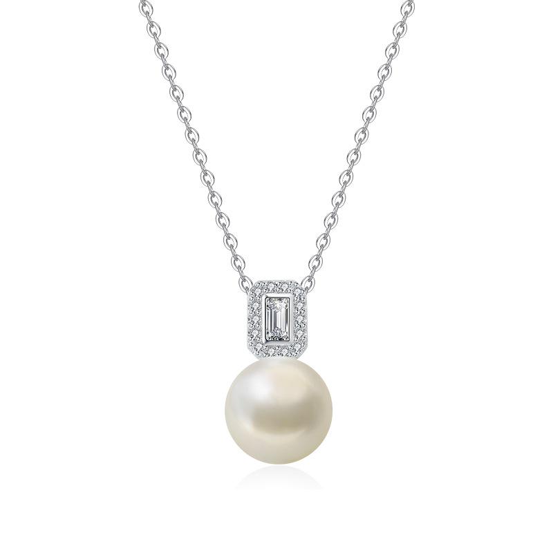 Minimalist Freshwater Pearl Necklace with S925 Sterling Silver and Geometric Zircon Pendant S925 Silver