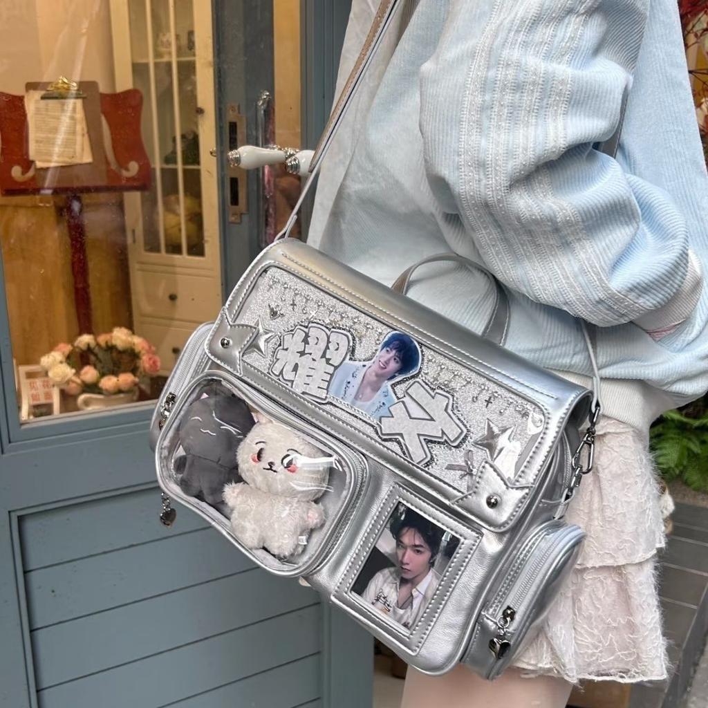 Y2K Miela Ita Krepšys Harajuku Mergaitė Skaidri Kišenė Didelės Talpos Crossbody Lolita Pasidaryk Pats Ženkliukų Eksponavimas Kasdieniai Pečių Krepšiai