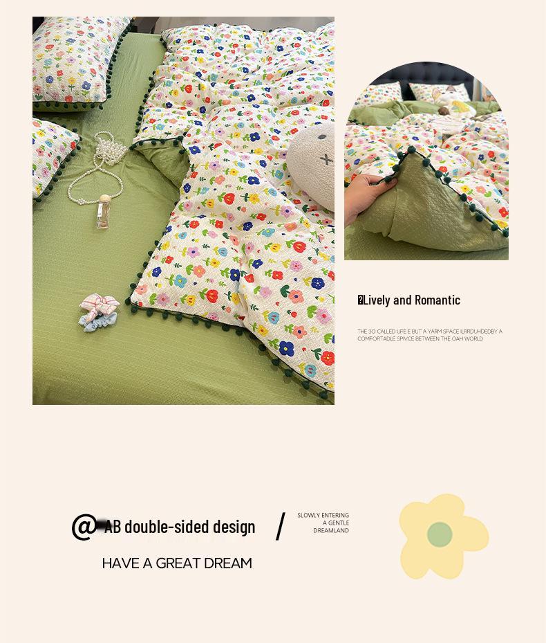 High-Value Cute Pom-Pom Bed Cover Set - Double-Layer Gauze Duvet & Sheets for Single Dormitory, 3-Piece Set