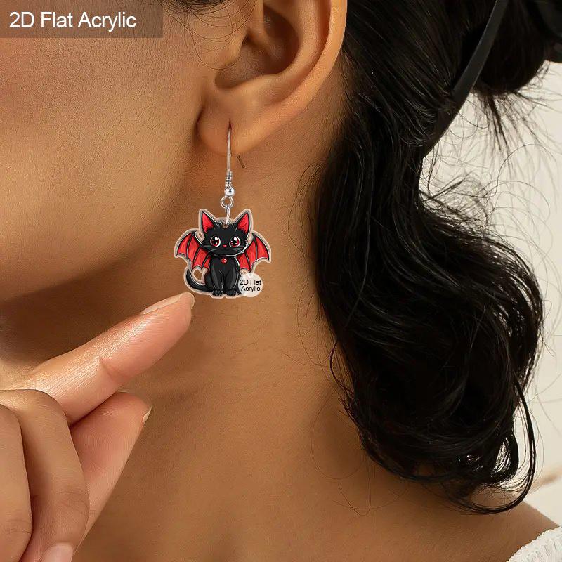 2D Flat Halloween Earrings Black Bat Cat Earrings Women's Cute Cartoon Halloween Acrylic Dangle Earrings Halloween Party Costume Jewelry Set