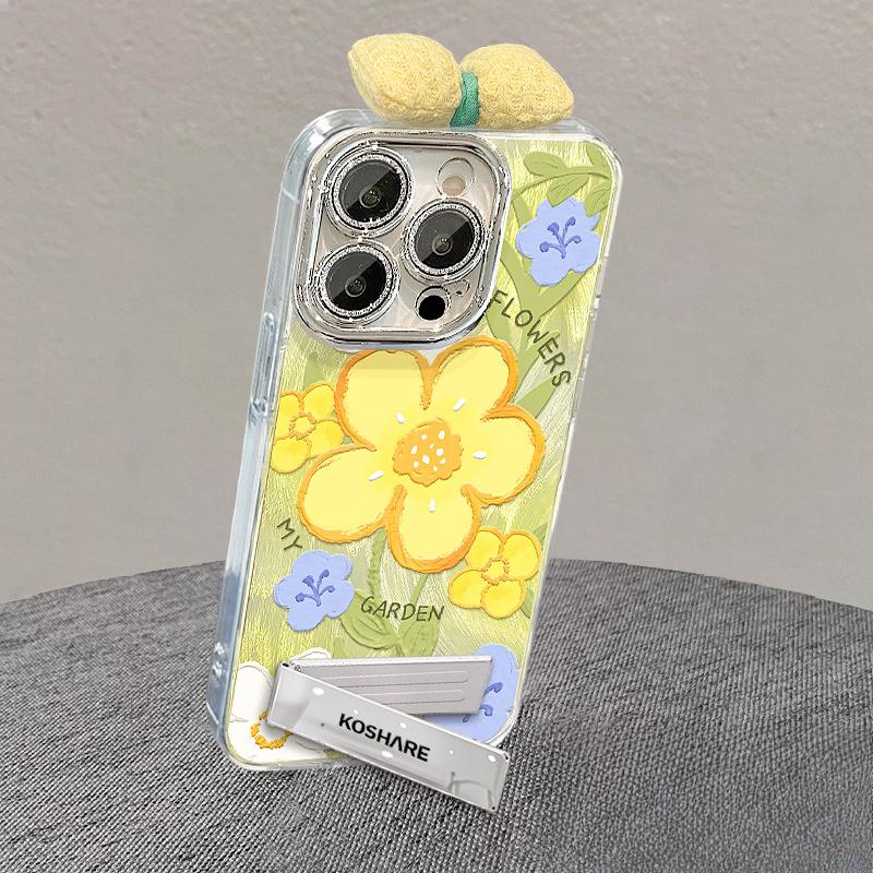 Oil Painting Yellow Bracelet Suitable for Apple 16 Feather Yarn Mobile Phone Case 15pro Bow Doll 13 Bracket 14 Anti-fall 8