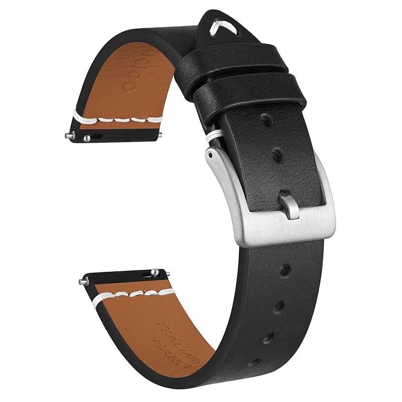 

[Ayadoo] watch band 20mm Italian Leather Watch Band, Quick Release Retro Leather Replacement Belt, Black Replacement Belt/Silver Buckle