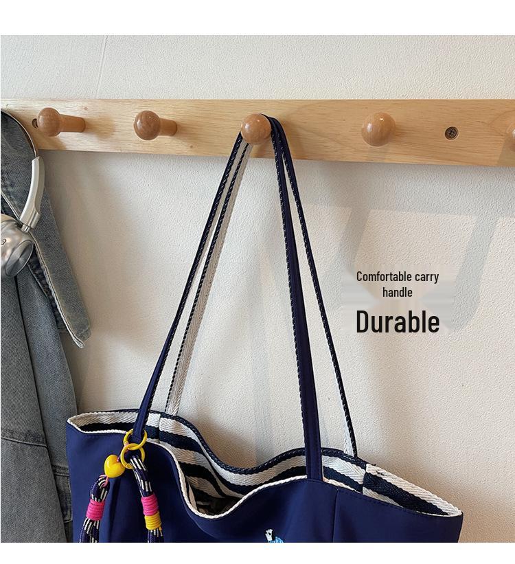 Women's Nylon Cartoon Puppy Embroidery Single Shoulder Tote Bag with Pendant, Striped Double-Sided Design