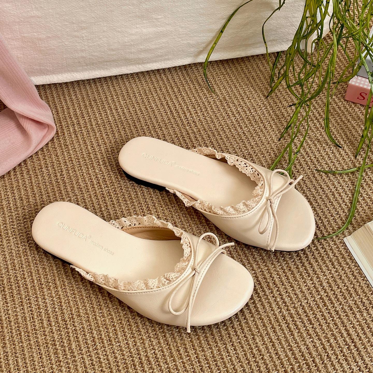 Fairy wind non-slip flat-bottomed one-word slippers for summer wear with skirts and cool slippers 35 бежевый