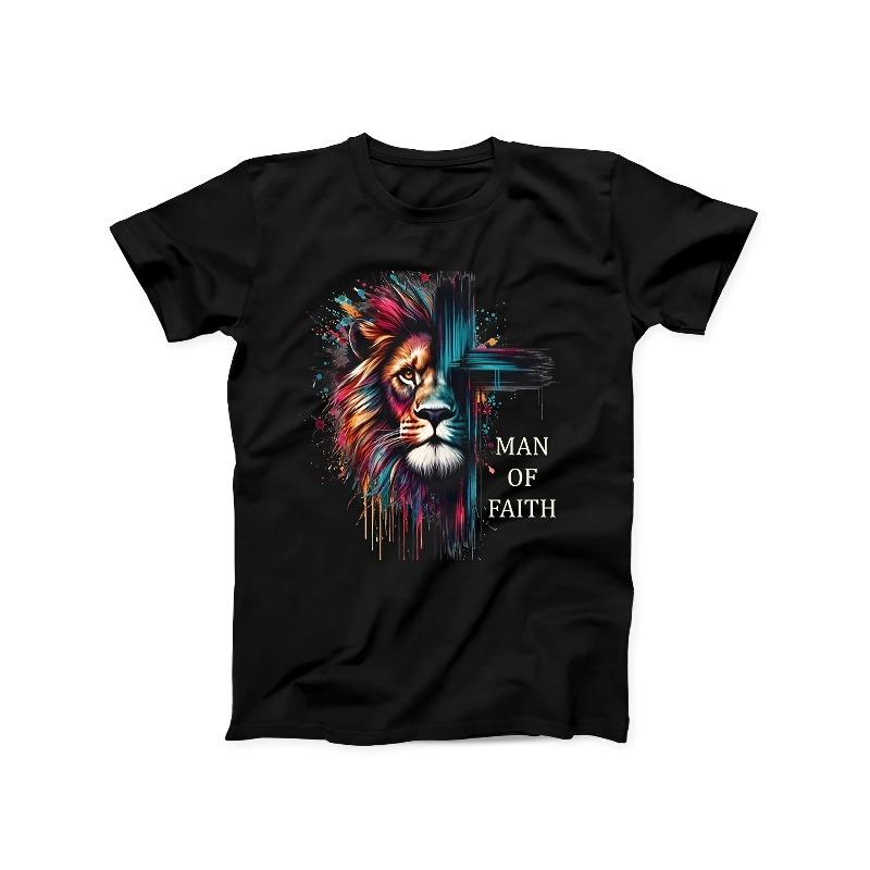 

European sizes Vintage Lion of Faith Graphic T-Shirt - Unisex Christian Design, Black Casual Short Sleeve Tee for Men , Perfect for Summer 4XL