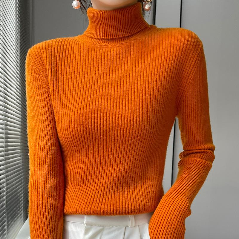 Women's Autumn Winter High Neck Pile Collar Ribbed Knit Slim-Fit Inner Base Layer Sweater