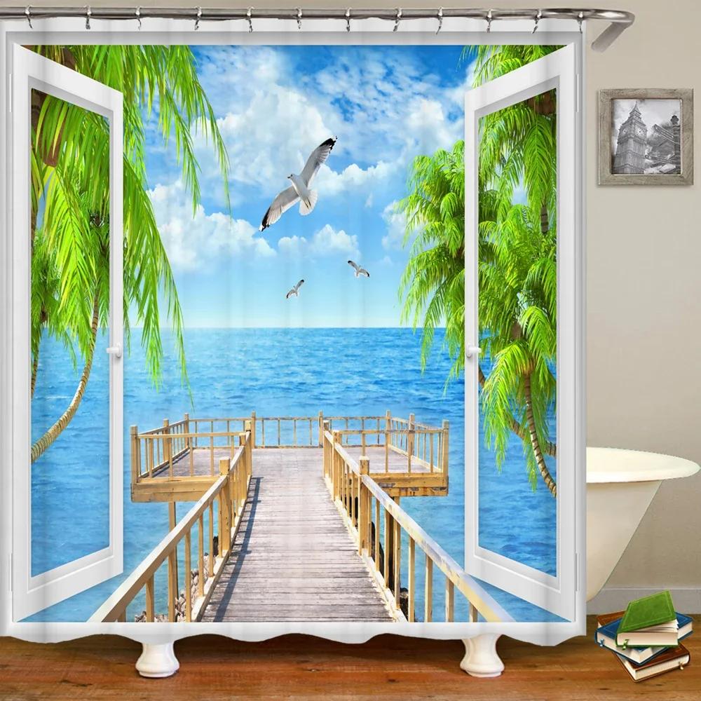 3D window opening scenery beach landscape printing shower curtain washable fabric curtain bathroom decoration with hook curtai