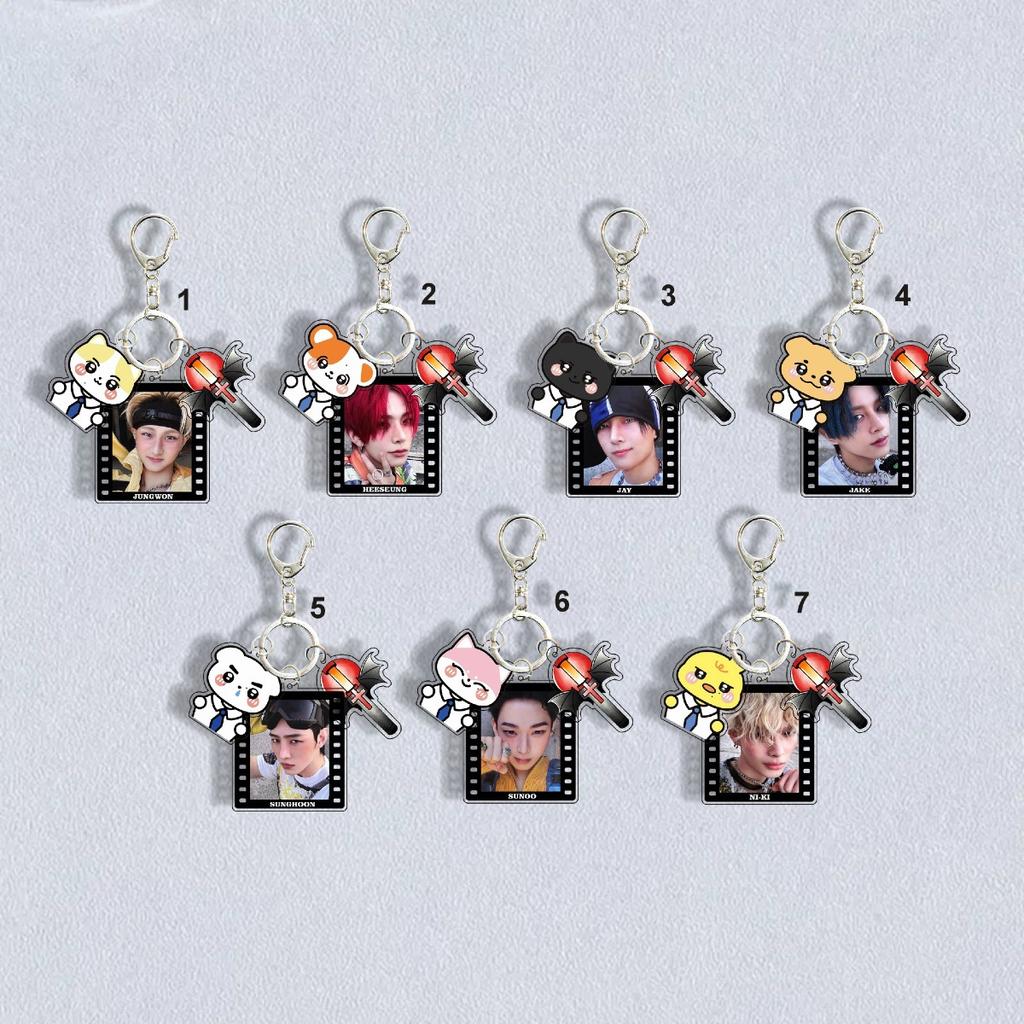 1pc ENHYPEN 3-in-1 Keychain Film Photo&Cartoon Character&Lightstick Heeseung Jay Jake Sunghoon Sunoo Jungwon NI-KI KeyRing Kpop Bag Charm ENGENE Gift