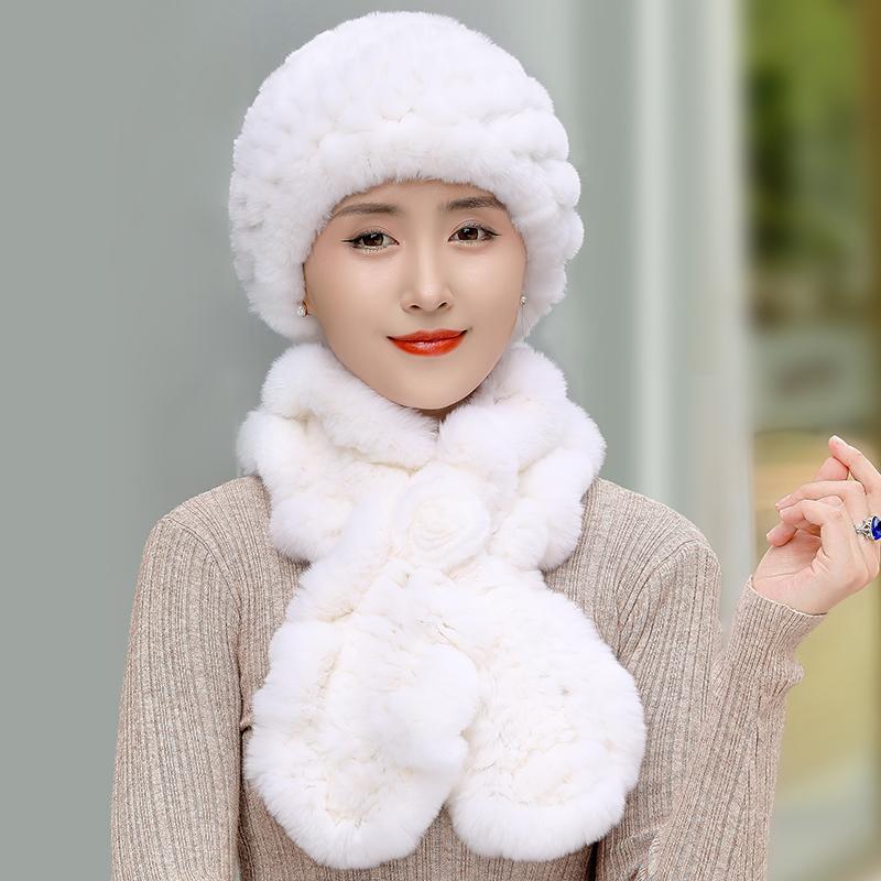 Women Real Rex Rabbit Fur Hat Scarf Set Thickened Warm Winter Rabbit Hat Scarves 2 Pieces For Girls Fashion Outdoor Fur Scarves