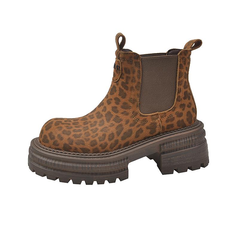 

Ботинки-сигареты в стиле ретро с леопардовым принтом на толстом каблуке, женские, осень 2024 года, короткие ботинки с круглой головкой и толстой подошвой, новые тонкие ботинки 40