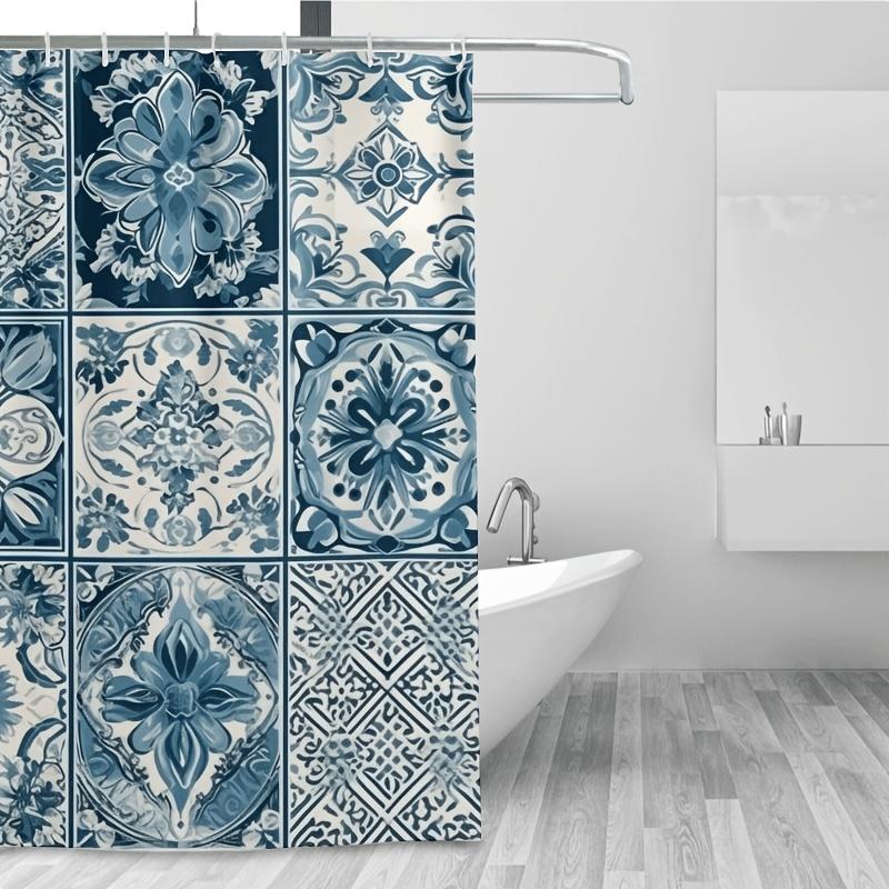 Blue and White Patchwork Tile Shower Curtain  - Durable Polyester, Easy Clean, Ideal for Bathroom & Bathtub Decor