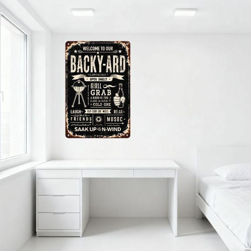 Vintage Rustic Black Metal Sign Retro Backyard Grill Beer Thumbs-Up Art, Welcome To Our Backyard Typo-Infused Outdoor Gathering