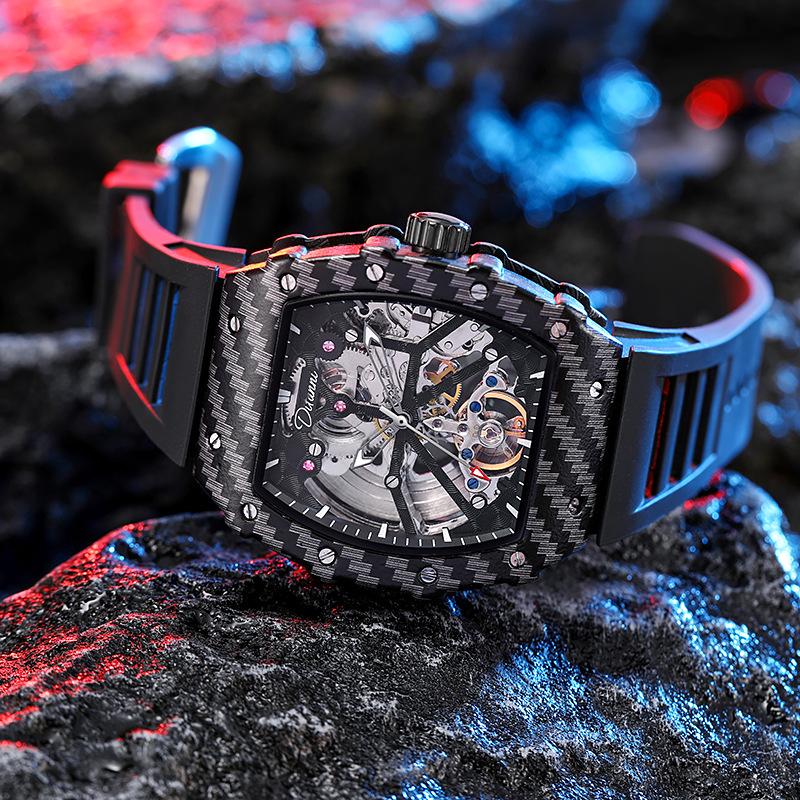 Tonneau Dial Men Automatic Mechanical Watch Skeleton Tourbillon Male Wristwatch Top Brand Luxury Rubber Strap Reloj Hombre