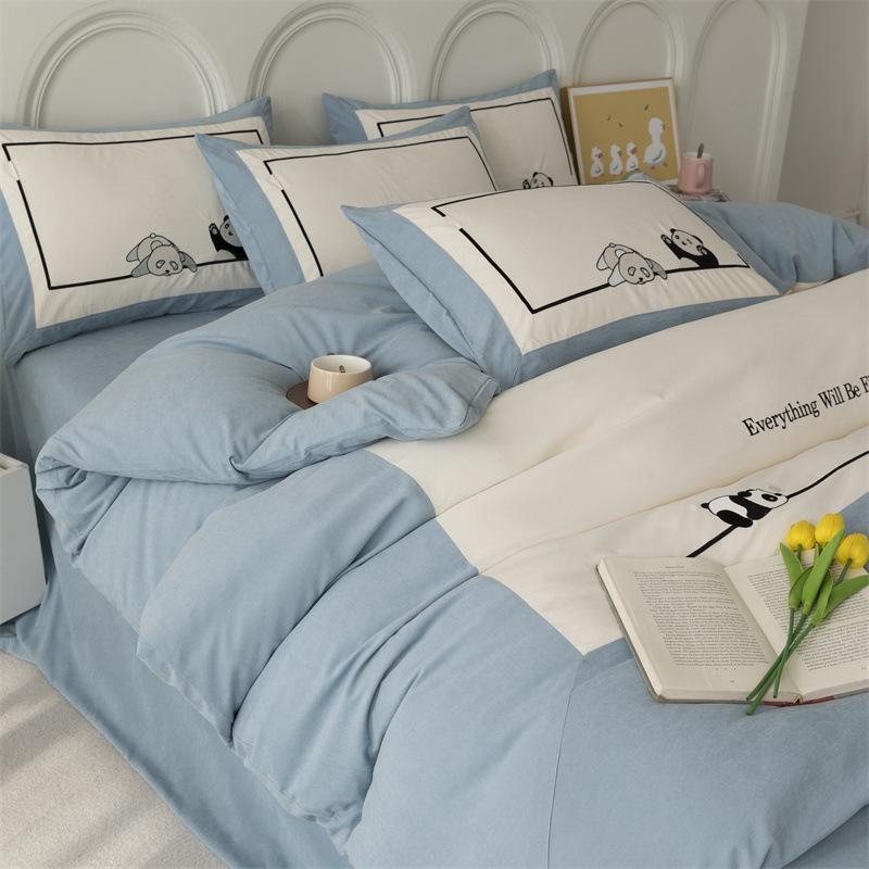 Leichte, luxuriöse Panda-Stickerei, große Ecke, passendes Bastelset, vierteiliges Set, Brokat-Baumwolle, hautfreundliches, weiches Bettlaken, Bettbezug, Bettwäsche