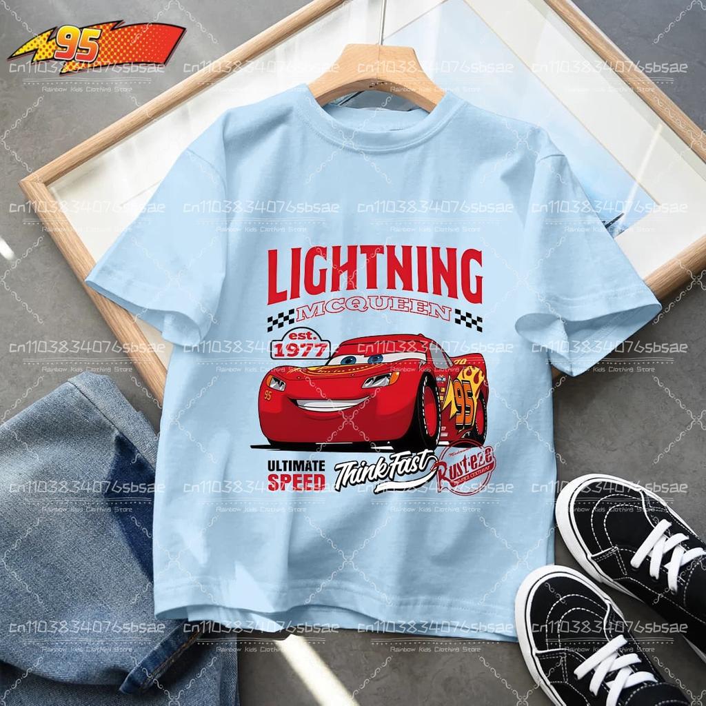 2026 Summer Kids T-shirt Short Sleeve Top Cartoon Cars Pixar Lightning McQueen Printed Boys Clothes Baby Tops 4-10 Years