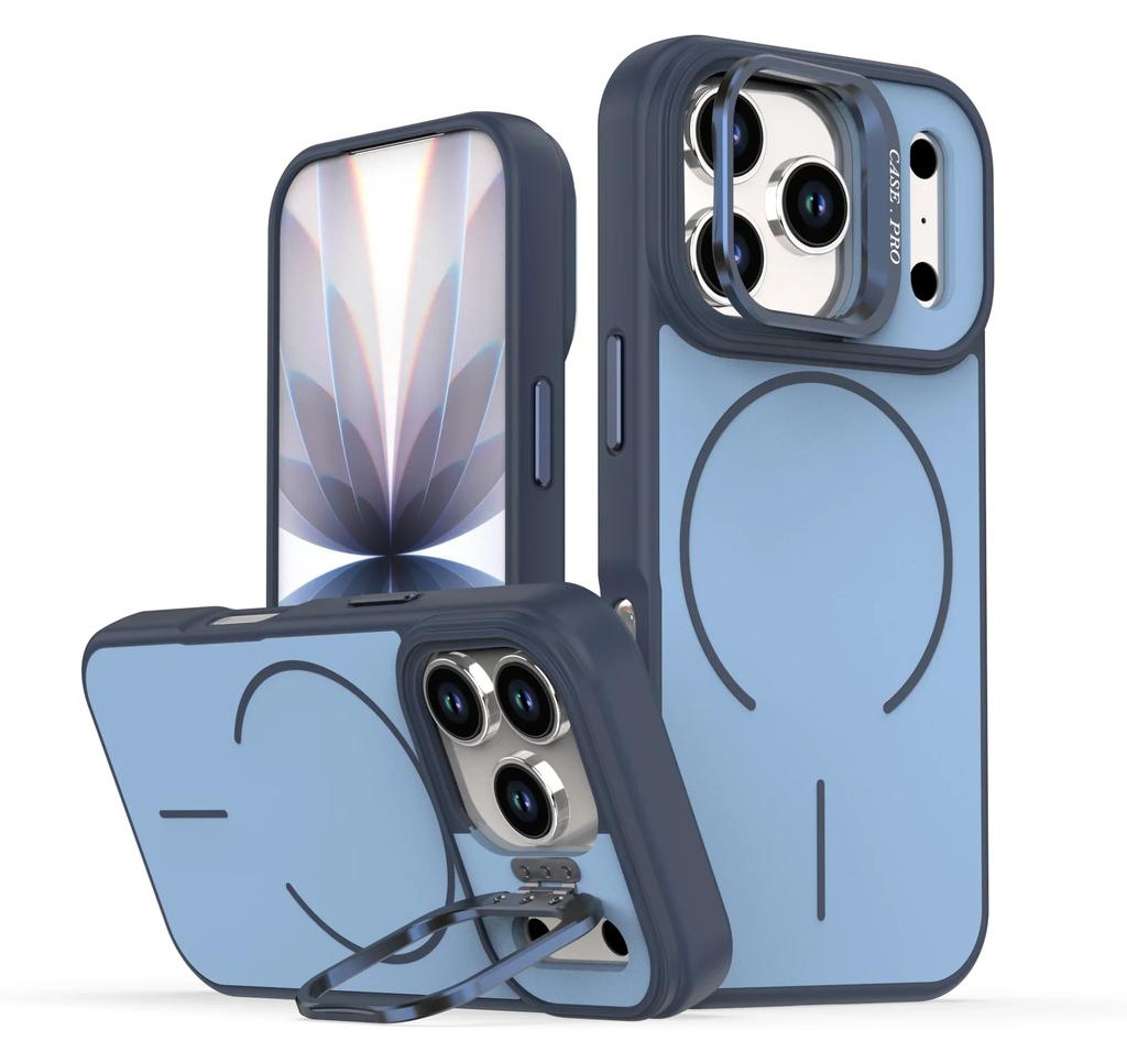 Liquid silicone Strong Magnetic Matte Metal Lens Stand Case For iPhone 17 Air 16 15 14 Plus 13 12 17 Pro Max For Magsafe Cover