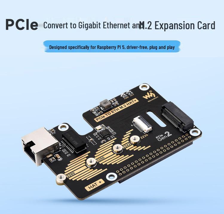 Raspberry Pi 5th Gen M.2 PCIe to Gigabit Ethernet HAT+ Board, 5Gbps Speed, Driver-Free SSD Boot