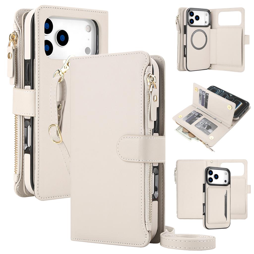 Custodia in Pelle a Portafoglio con Laccio Lungo da Collo e Slot per Carte per iPhone 17 Pro Max 16 15 14 13 12 11 Antiurto Per Cover Magsafe