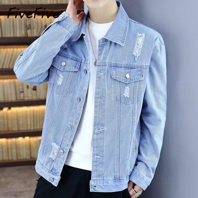FiveFive Frühling Herbst Herren Revers Jeansjacke Mantel Hip Hop Wind Freizeitjacke Baumwolle Übergröße Jeansjacke Herren Loch Kleidung