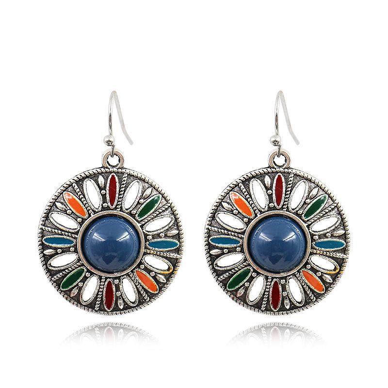 Vintage Round Geometric Jewel Red Skinny Earrings Round Ethnic Style Internet celebrity Women's Earrings