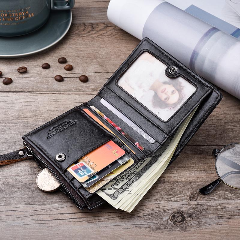 Kohudsolja vax läder plånböcker för män Rfid Retro Casual Dubbel dragkedja Kort slimmad plånbok