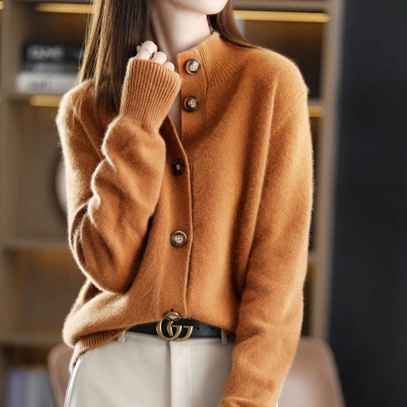 

Retro spring and autumn solid color new knitted cardigan stand-up collar casual versatile loose short coat women M