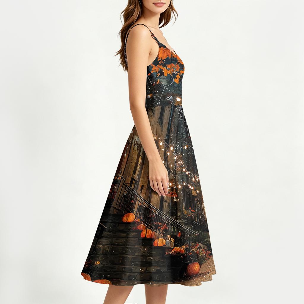 Women's Casual Halloween Print Round Neck Sleeveless Dress for Holiday Party
