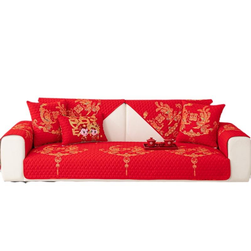 Pure Cotton Wedding Festive Big Red Sofa Cushion Fabric Four Seasons Universal Non-Slip Concubine Seat Cushion Cover Red Dragon And Phoenix