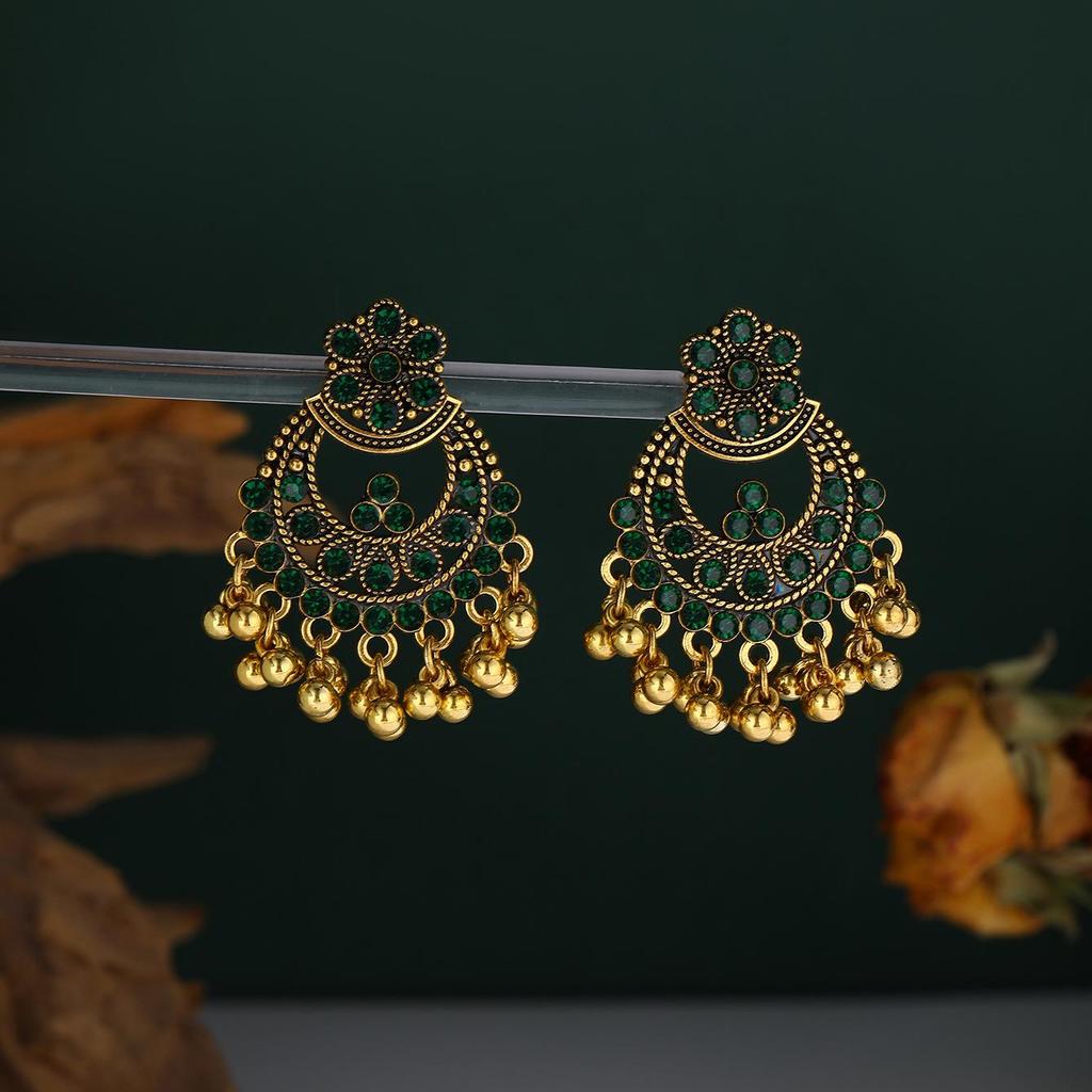 Bohemian Ethnic Rhinestone Tassel Petal Dangle Earrings for Women