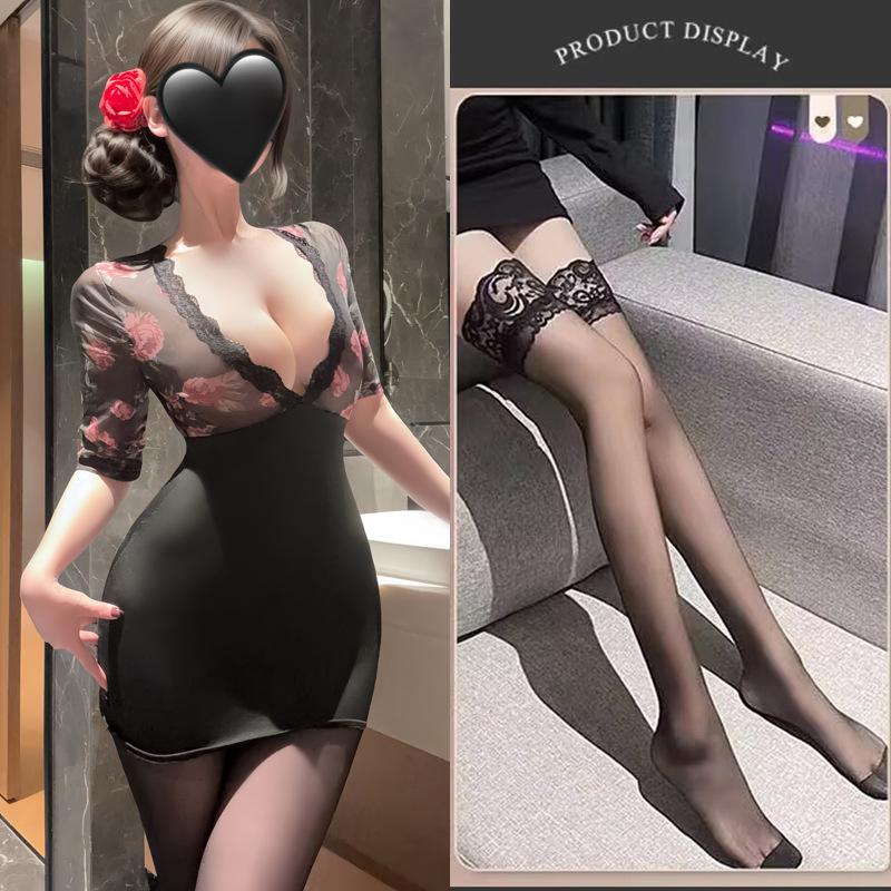 Sexy Underwear Sexy Deep V Hip Skirt Pure Desire Secretary Uniform Abstinence Women's Perspective Lace Onesie Open Crotch
