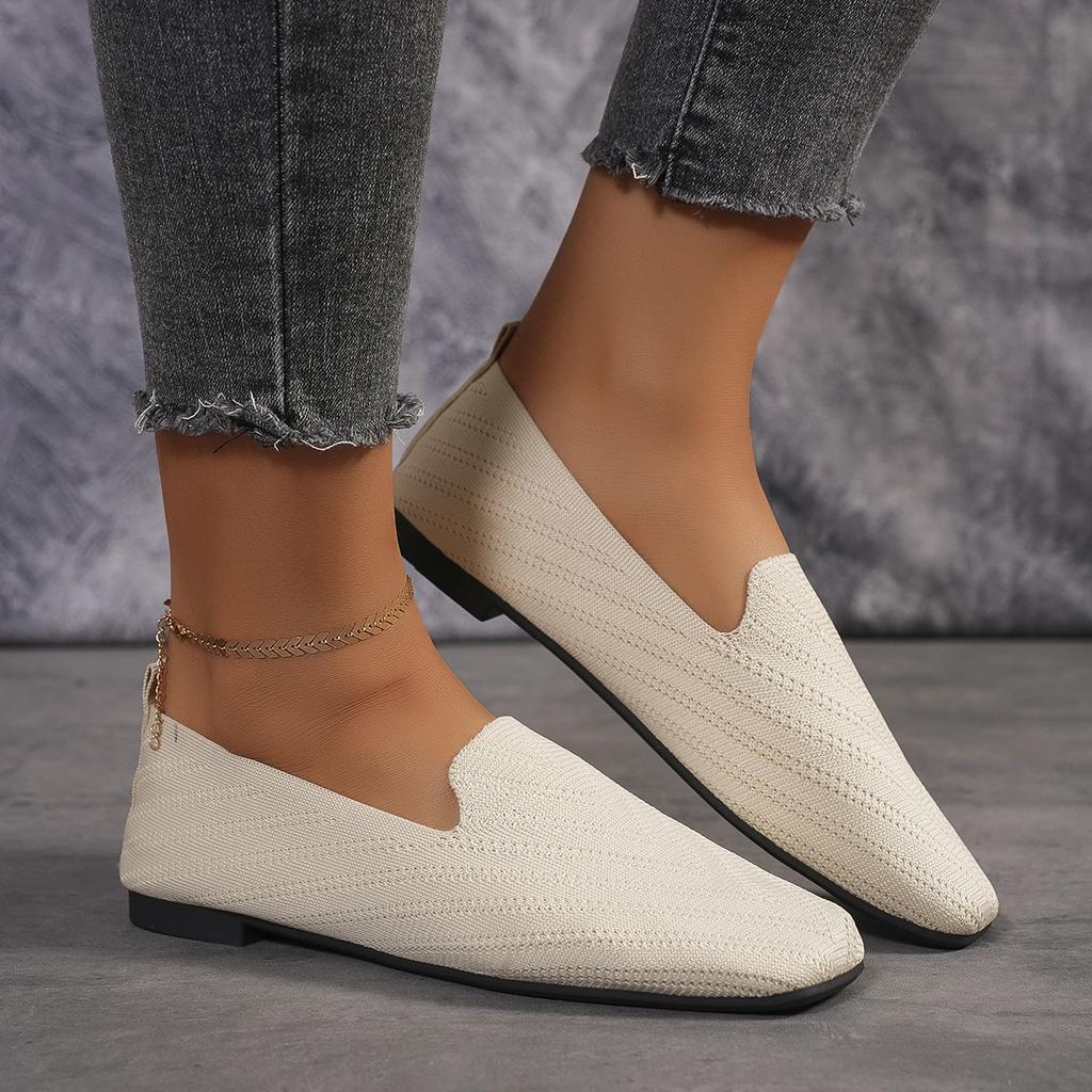 Fashion New Solid Color Square Toe Mesh Loafers Shallow Women Flats Shoes Soft Bottom Knit Ballet Flats Shoes Casual Slip On Boat Shoes