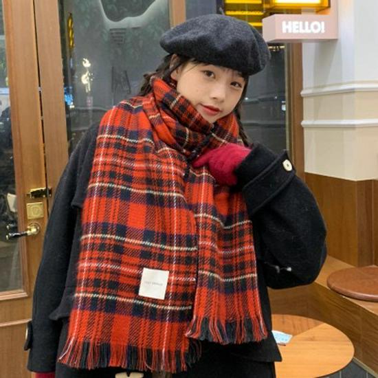 Festive Korean-Style Red Plaid Neck Warmer Scarf for Couples