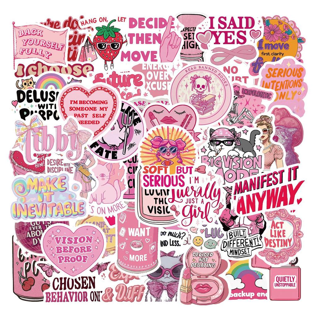 50 Pieces of Pink Fun Stickers for DIY Decoration of Handbooks, Phone Cases, Computer Posters, PVC Waterproofing