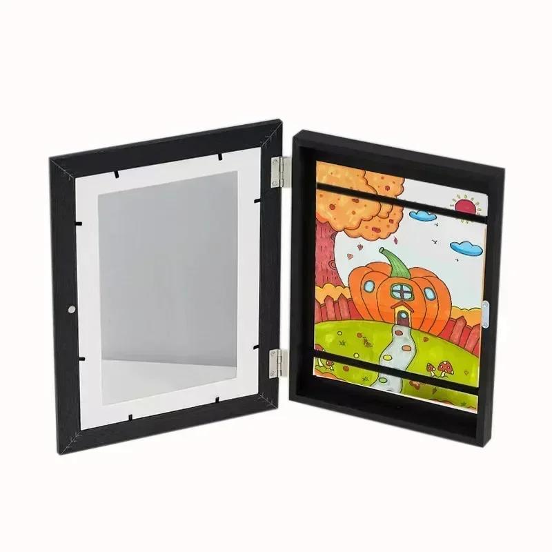 Molduras de Arte Infantil de Madeira Magnética com Abertura Frontal Mutável Kids Frametory Para Exibição de Fotos, Desenhos, Pinturas, Imagens, Decoração de Casa