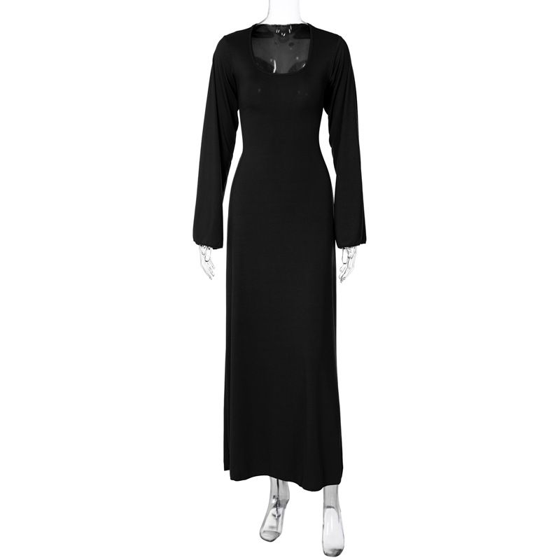 Fashion Fashion U-Collar Waist Trimming Lace Up Dress Rib Minimalist Temperament Pure Color Large Bell Sleeve Classic Dress