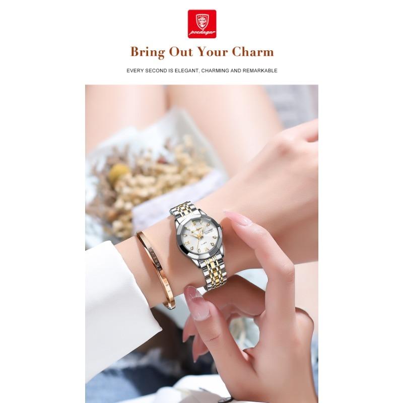 POEDAGAR Luxury Ladies Wristwatch Luminous Waterproof Date Week Woman Dress Watches Stainless Steel Watch Quartz Clock+Box