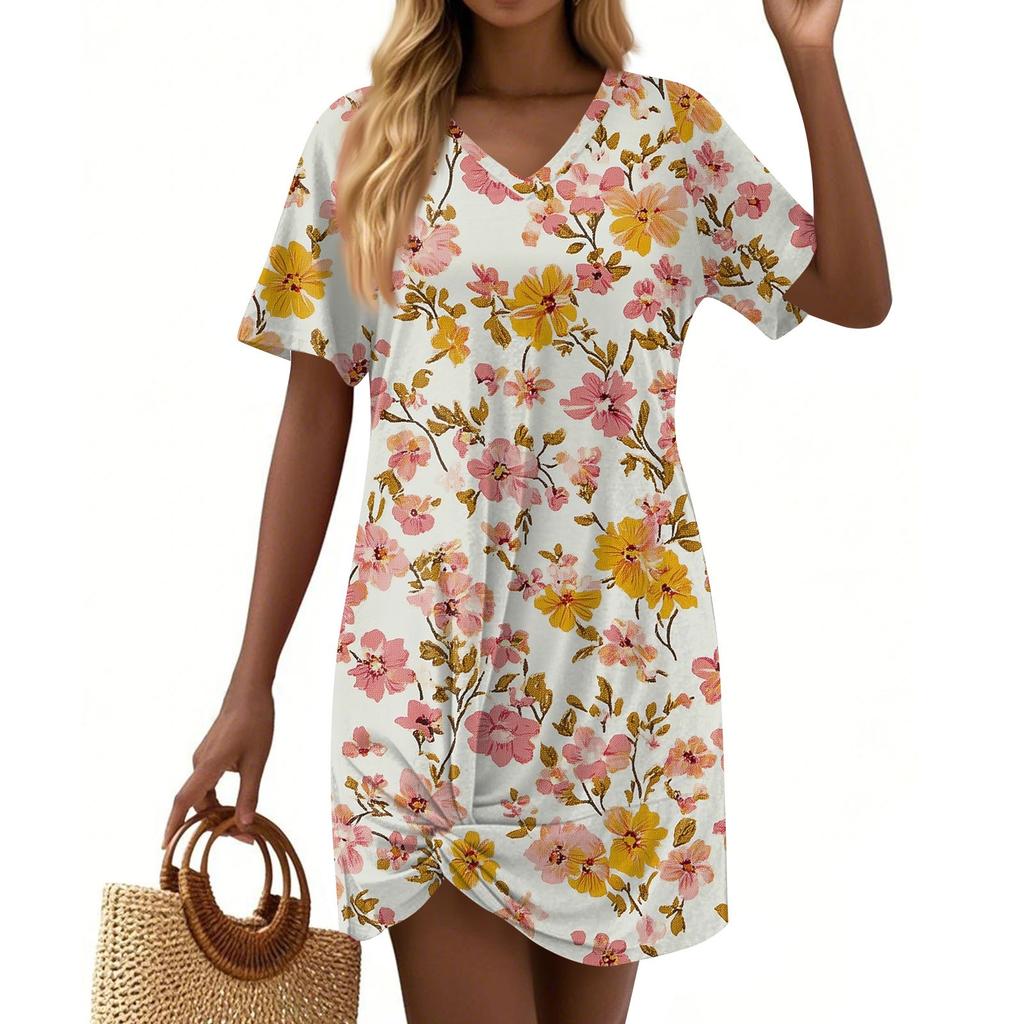 Women's Summer Casual Floral Printed Hem Knotted Short Sleeve Dresses