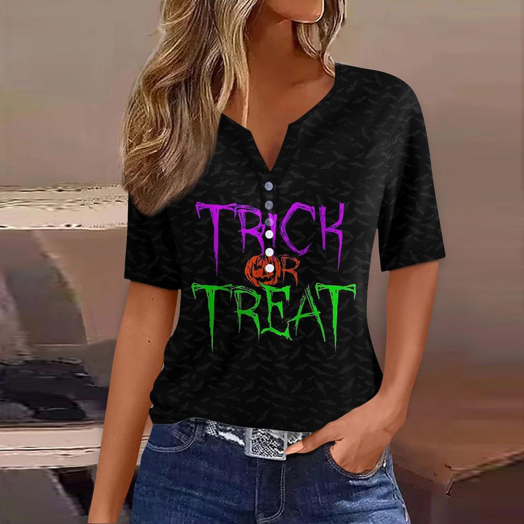 Women's T Shirt Tee Halloween Printed Button Short Sleeve Tunic Daily Weekend Fashion Basic V- Neck Regular Top